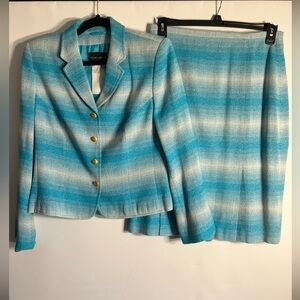 RENA LANGE BLUE/IVORY PLAID METALLIC VINTAGE WOMEN’S SKIRT SUIT SIZE 12